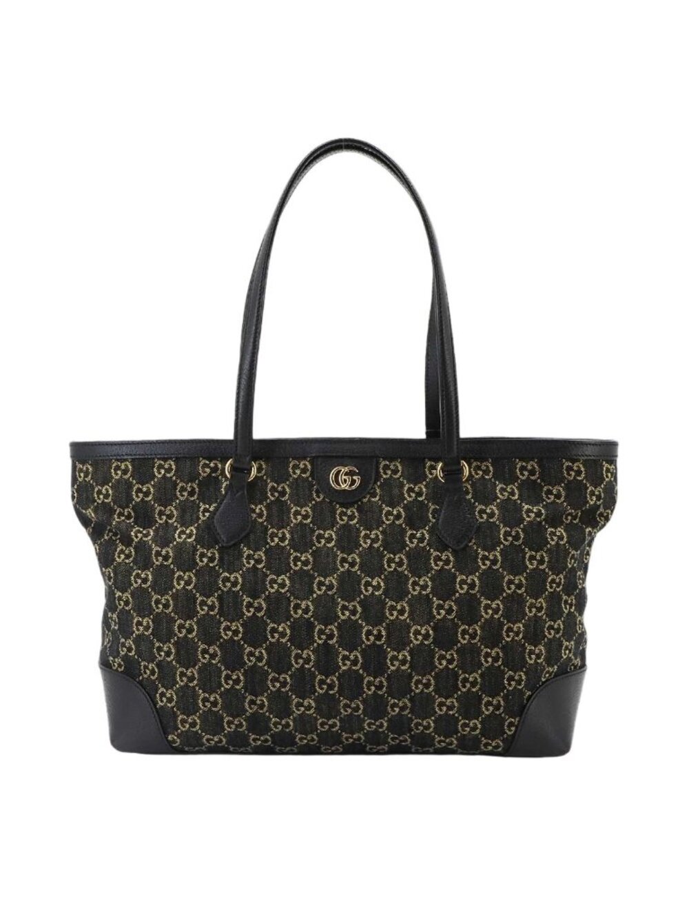 Gucci Ophidia Medium Tote Bag GG Jacquard Denim Leather Black